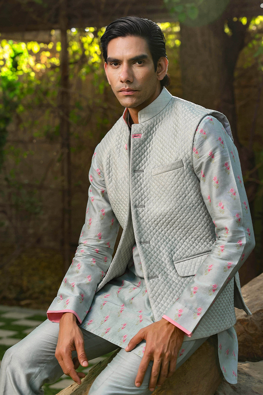 Blue Mughal Quilted Bandi & Embroidered Kurta Set