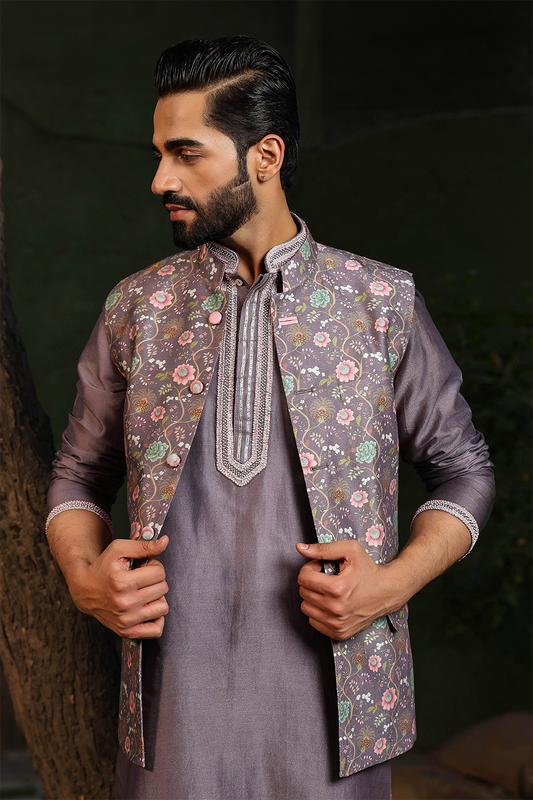 Purple Mughal Printed Bandi & Embroidered Kurta Set