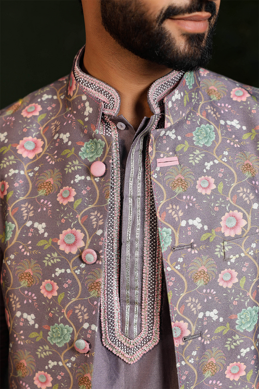 Purple Mughal Printed Bandi & Embroidered Kurta Set