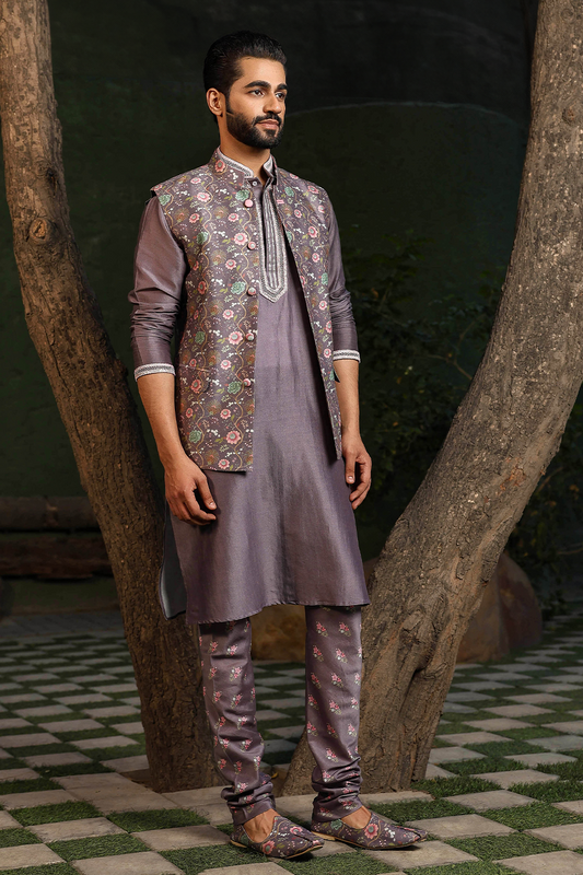 Purple Mughal Printed Bandi & Embroidered Kurta Set