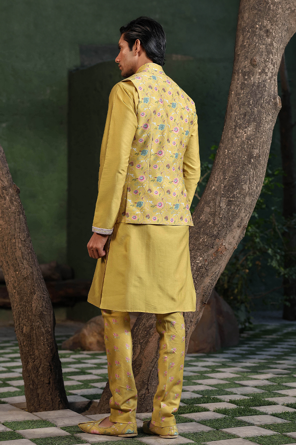 Yellow Mughal Printed Bandi & Embroidered Kurta Set