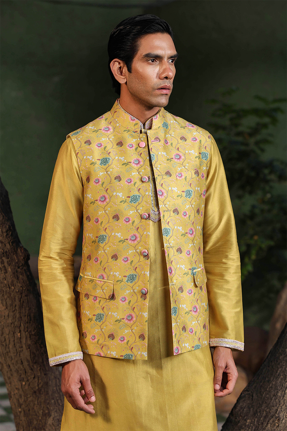 Yellow Mughal Printed Bandi & Embroidered Kurta Set