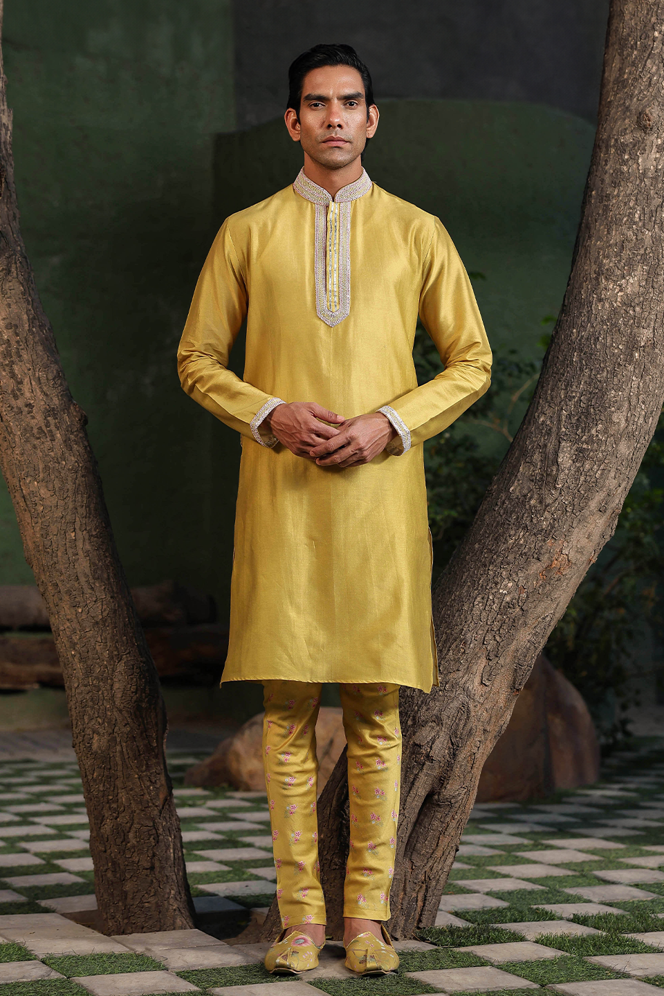Yellow Mughal Embroidered Kurta Set