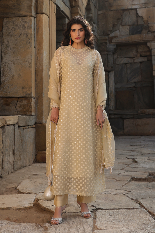 Vaayu Beige Buti Close Neck Kurta Set