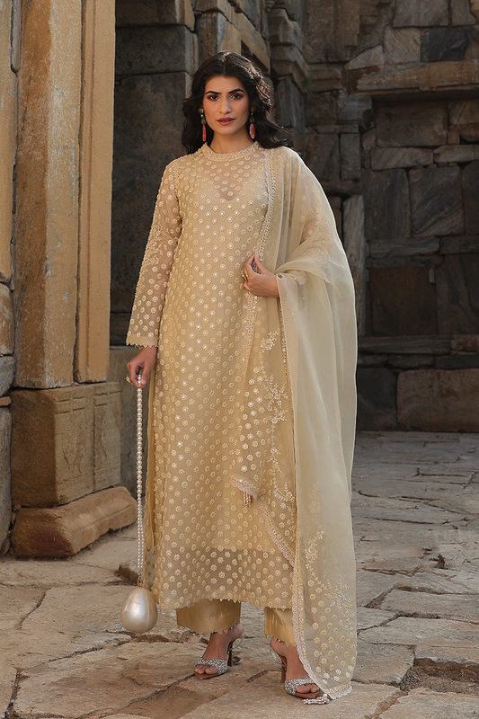 Vaayu Beige Buti Close Neck Kurta Set