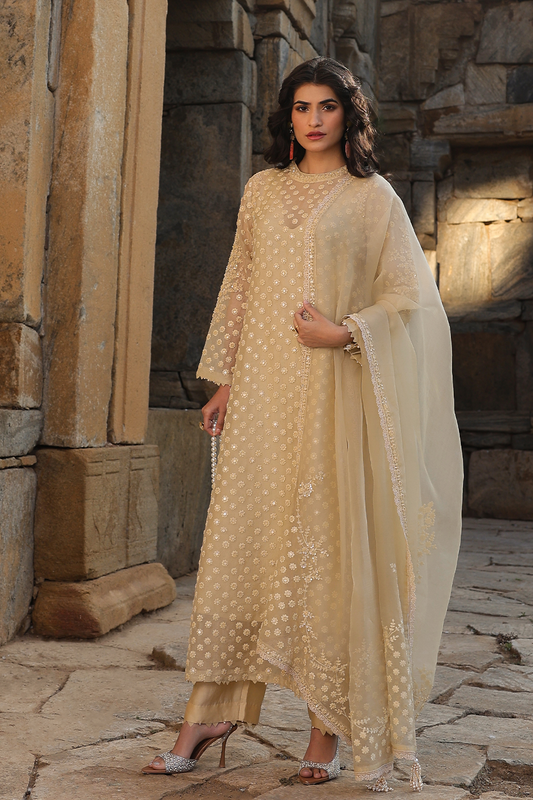 Vaayu Beige Buti Close Neck Kurta Set