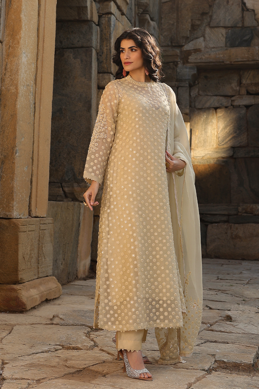 Vaayu Beige Buti Close Neck Kurta Set