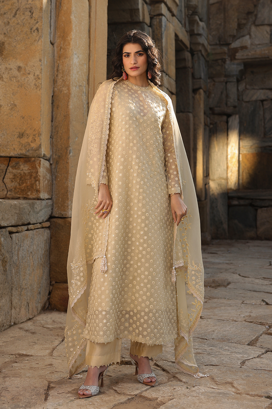 Vaayu Beige Buti Close Neck Kurta Set