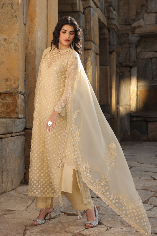 Vaayu Beige Buti Close Neck Kurta Set