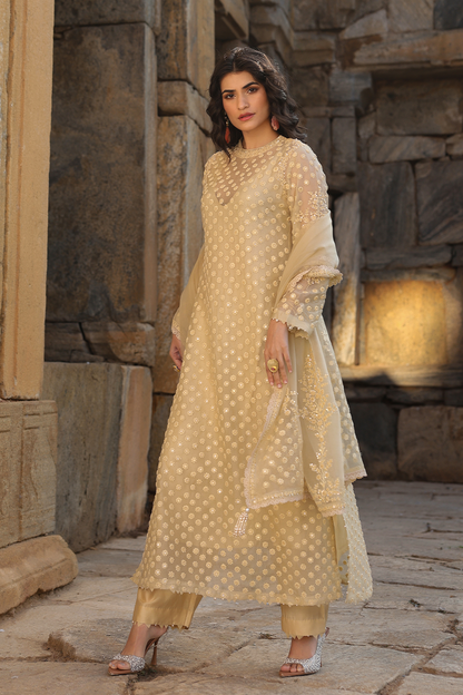 Vaayu Beige Buti Close Neck Kurta Set