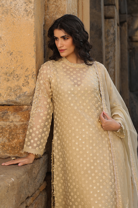 Vaayu Beige Buti Close Neck Kurta Set