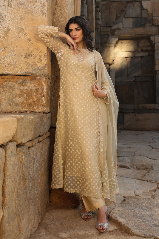 Vaayu Beige Buti Close Neck Kurta Set