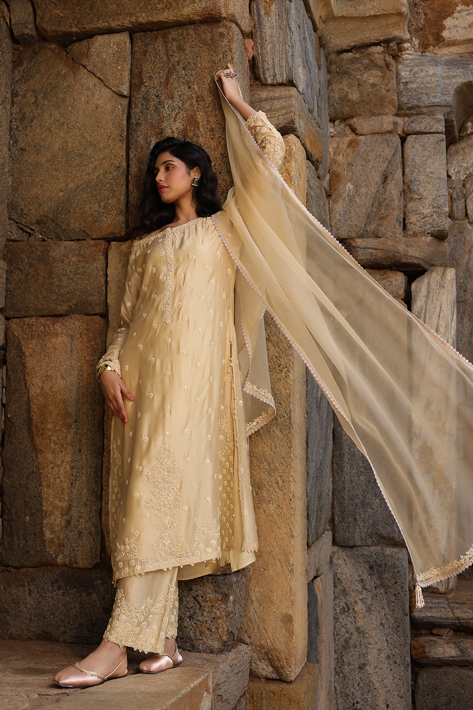 Vaayu Beige Light Buti Kurta Set