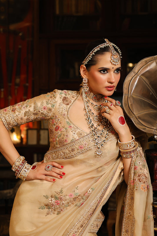 Ahista Ivory Mayur Applique Saree Set