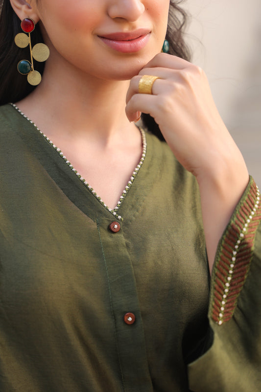 Olive Green V Neck Gathered Top
