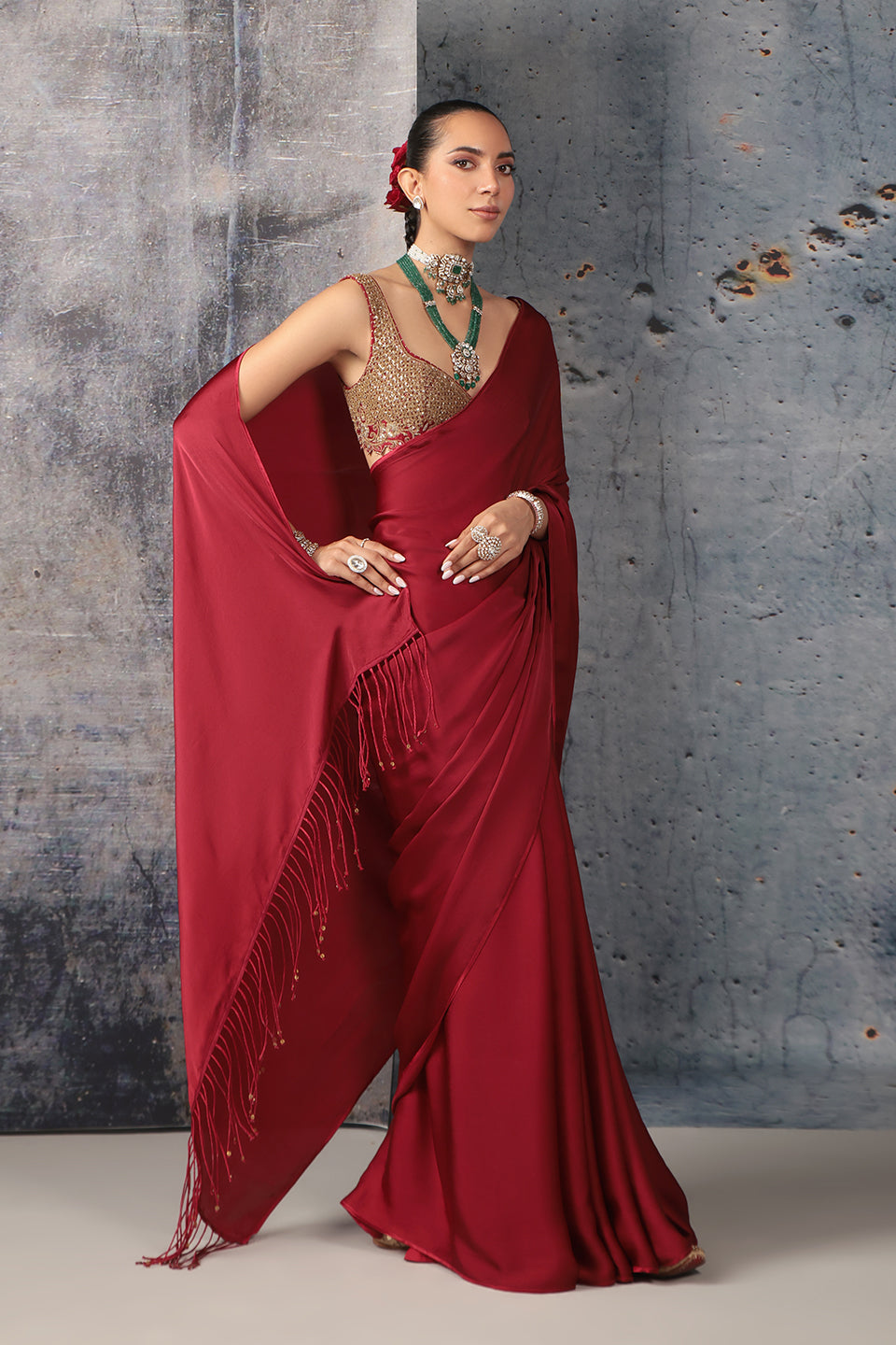 Zar:Rang Maroon Fringe Saree Set