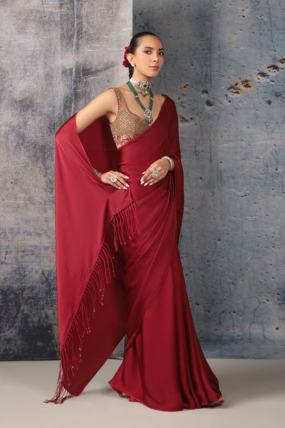 Zar:Rang Maroon Fringe Saree Set