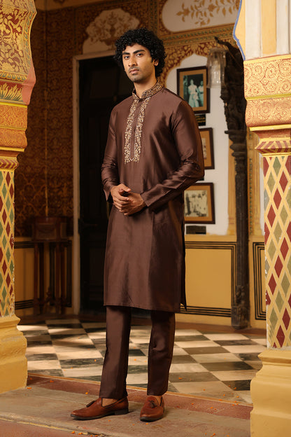 Ahista Brown Zardosi Embroidered Neckline Kurta Set