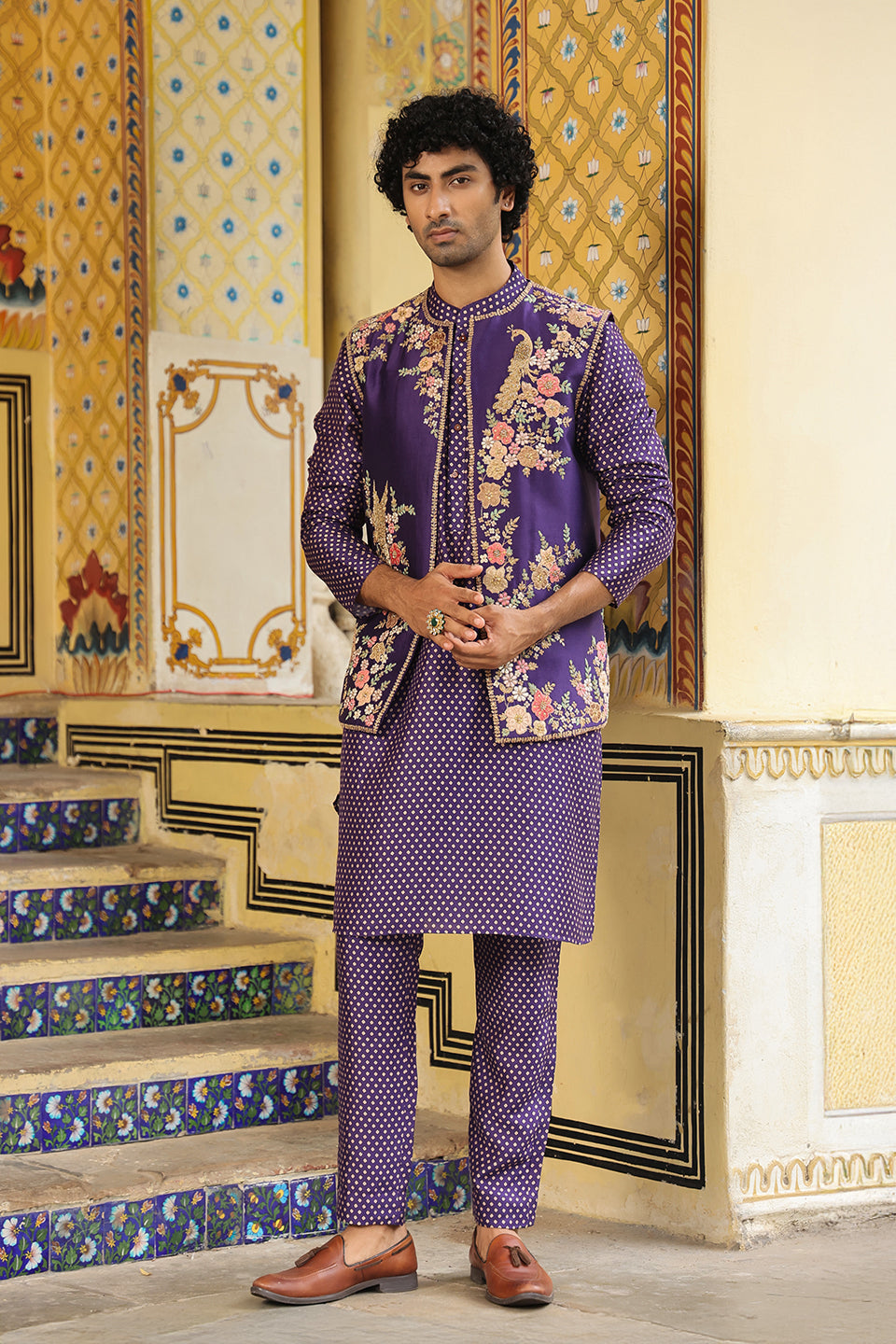 Ahista Purple Mayur Applique Bandi Kurta Set