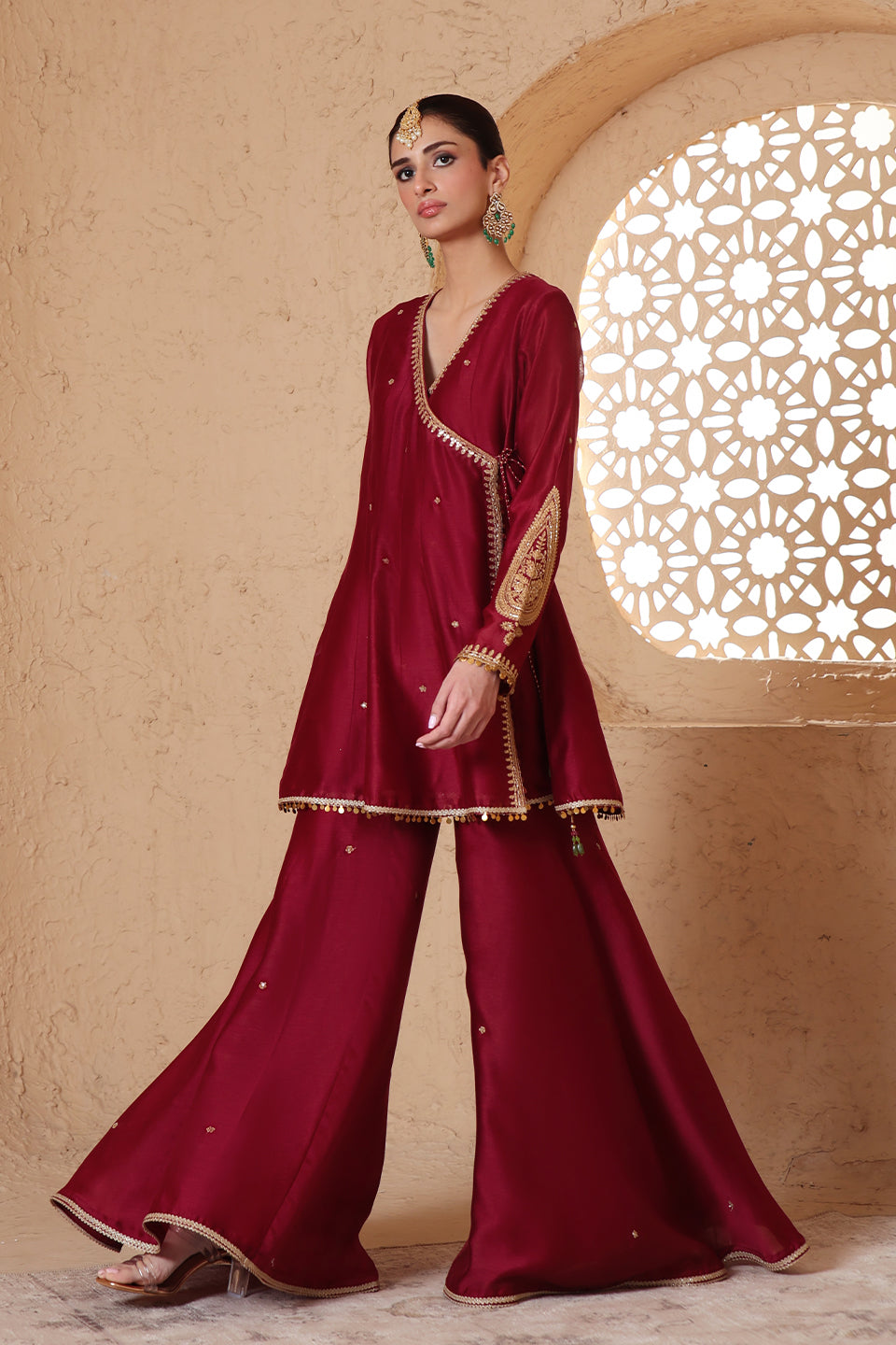 Mehrang Maroon Angrakha Sharara Set
