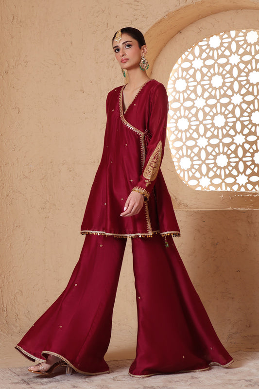 Mehrang Maroon Angrakha Sharara Set