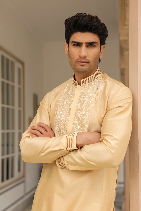 Gulzar Beige Floral Embroidered Neckline Kurta Set