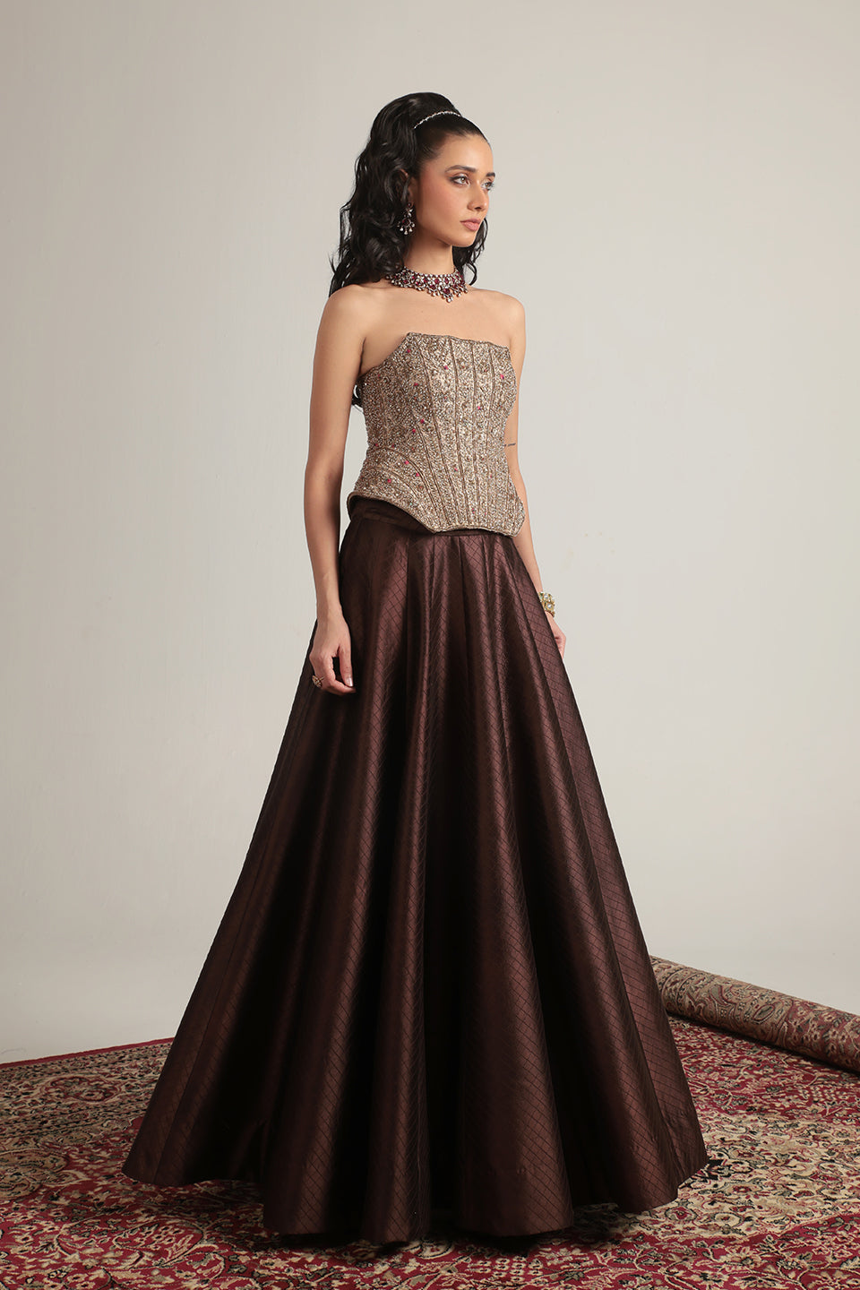 Zar:Rang Brown Panelled Corset Quilted Lehenga Set