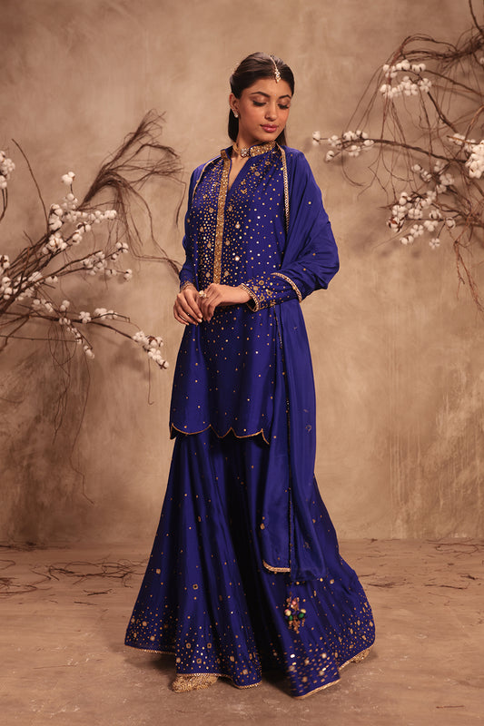 Nazakat Indigo Heavy Mirror Work Sharara Set