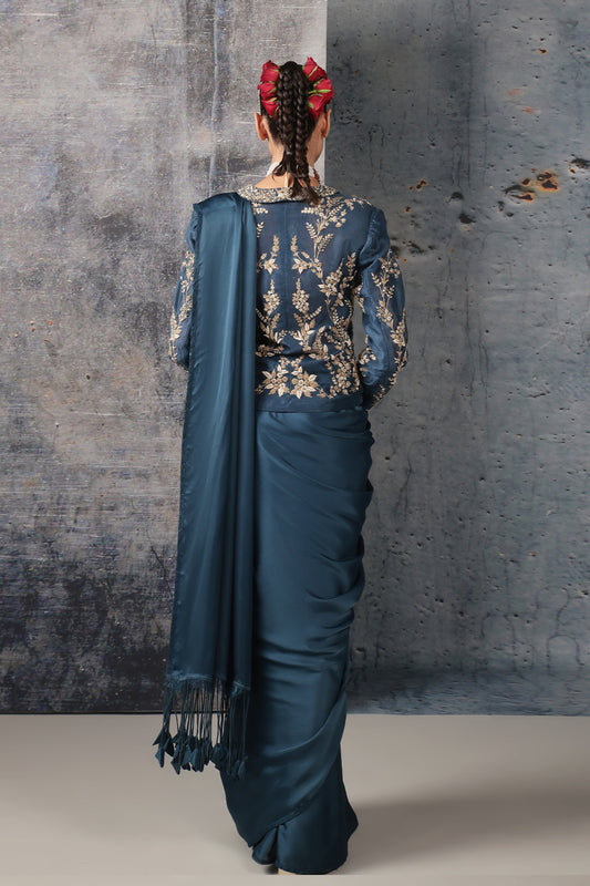 Zar:Rang Blue Jacket Saree Set
