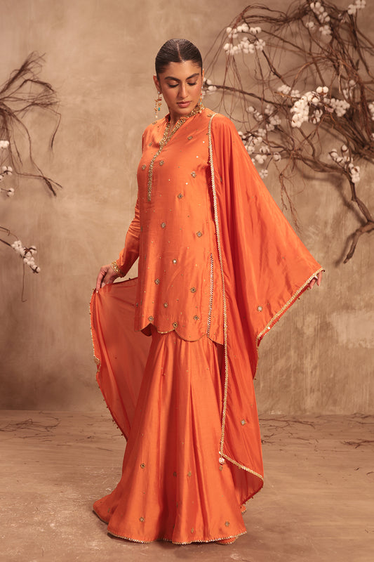Nazakat Orange Mirror Work Sharara Set