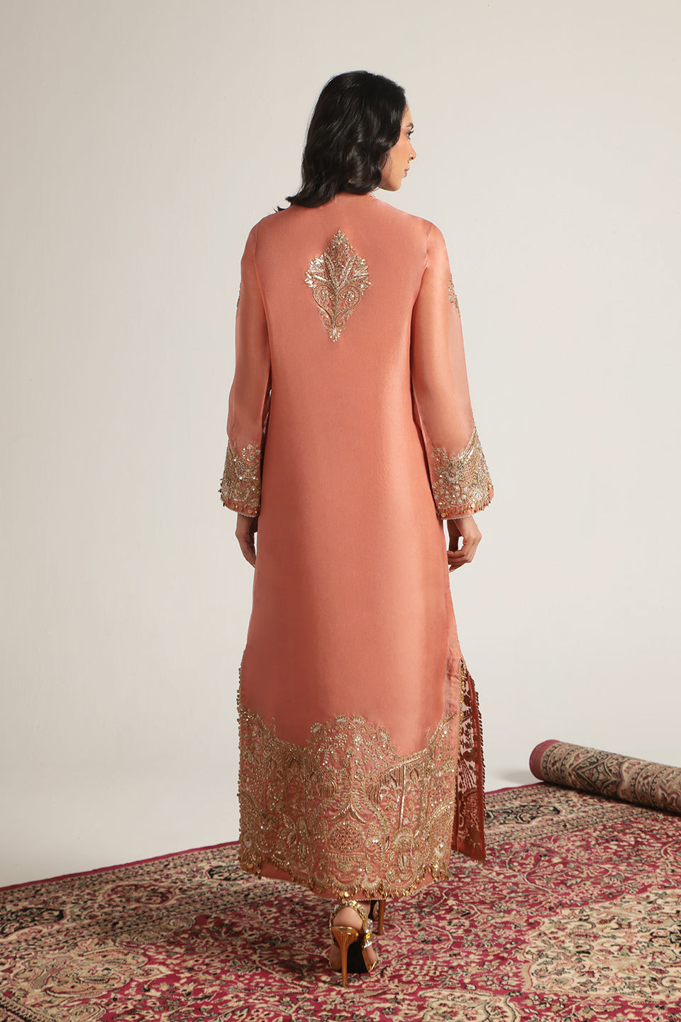Zar:Rang Peach Heavy Jaal Kaftan Set