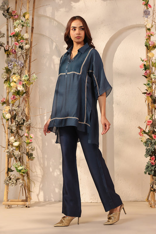 Vaayu Dark Blue Collar Co-ord Set