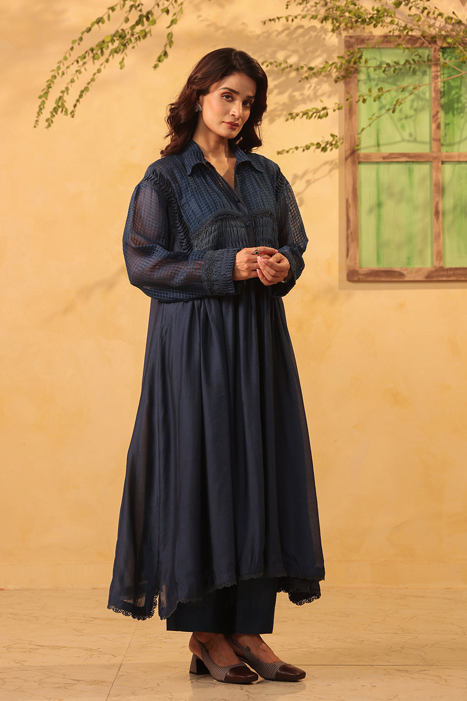 Vaayu Dark Blue Pintuck Collar Kurta Set