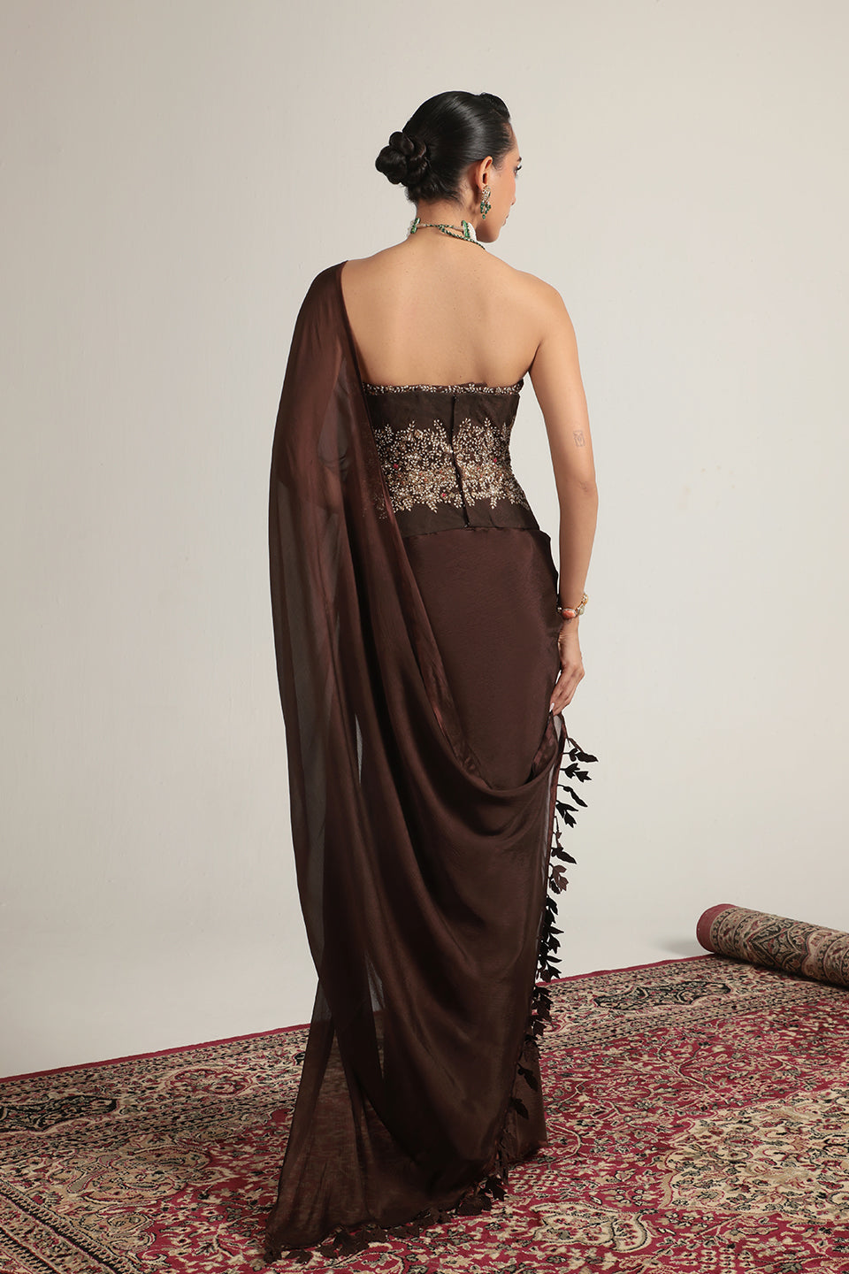 Zar:Rang Brown Double Corset Saree Set