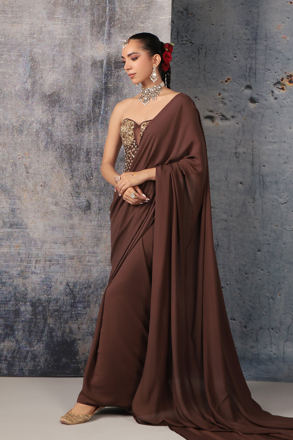 Zar:Rang Brown Corset Saree Set