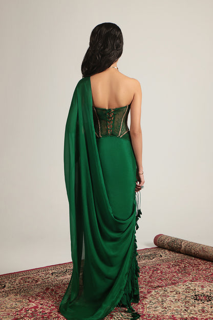 Zar:Rang Green Zardosi Corset Saree Set