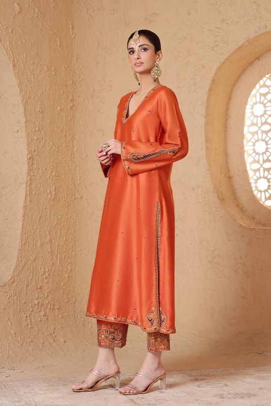 Mehrang Orange Applique Kurta Set