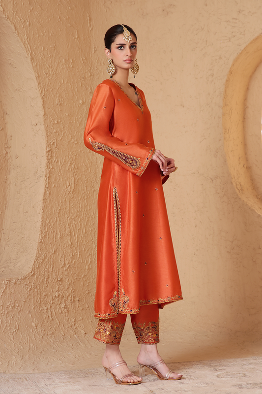 Mehrang Orange Applique Kurta Set