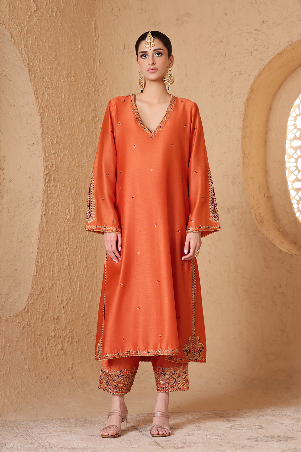 Mehrang Orange Applique Kurta Set