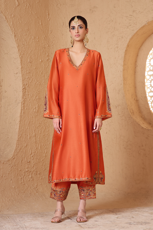Mehrang Orange Applique Kurta Set