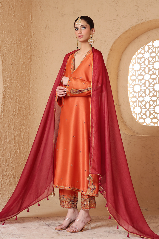 Mehrang Orange Applique Kurta Set