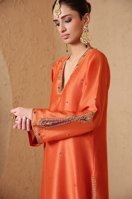 Mehrang Orange Applique Kurta Set