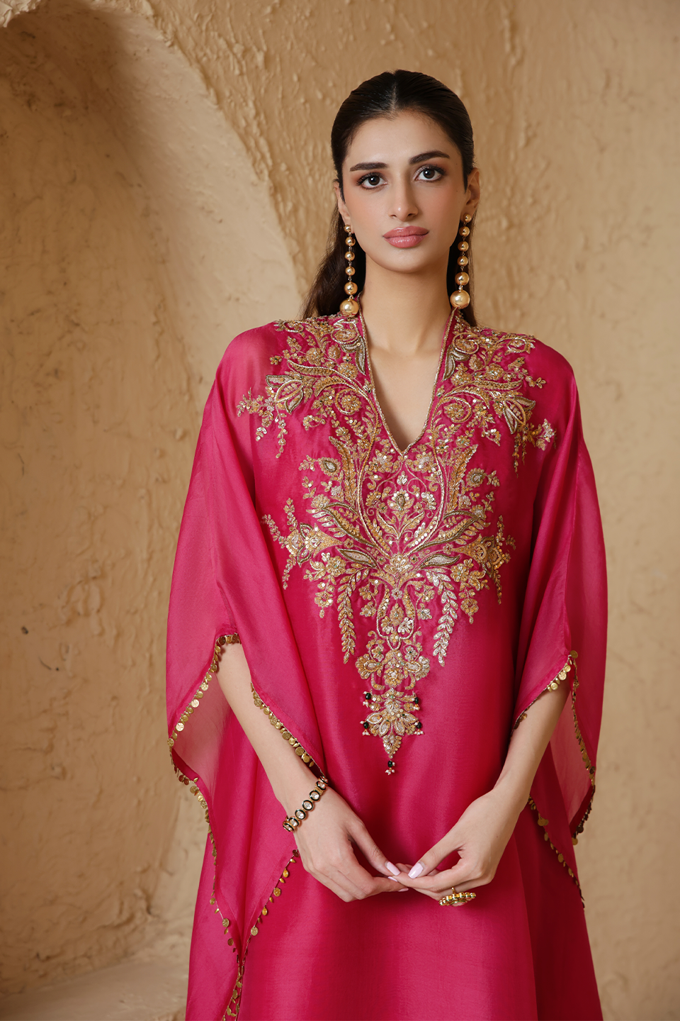Zar:Rang Pink Heavy Kaftan Set