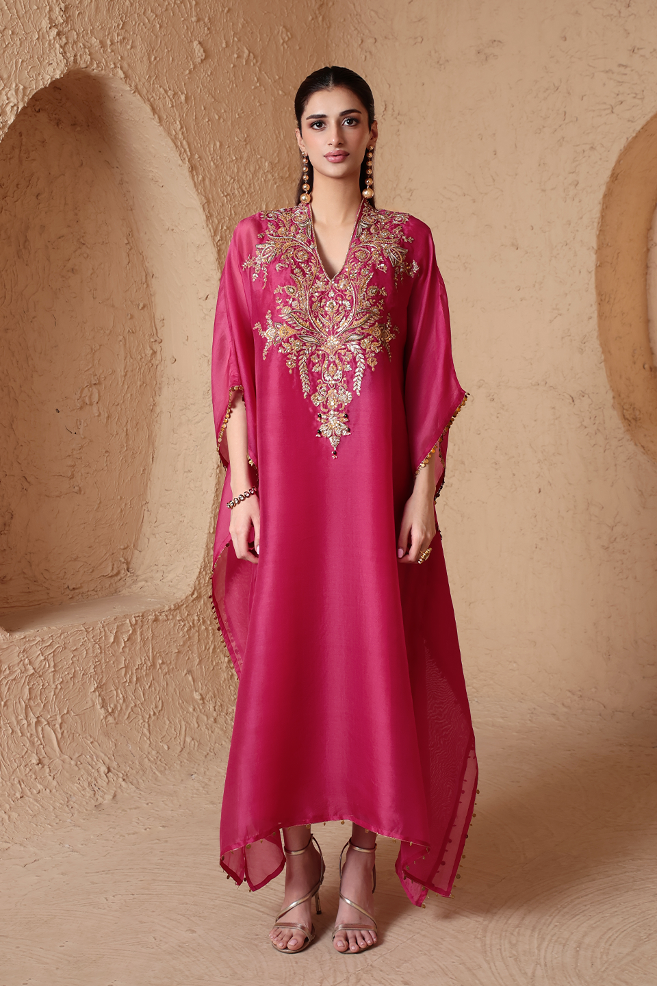 Zar:Rang Pink Heavy Kaftan Set