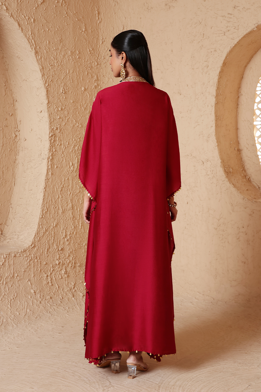 Zar:Rang Maroon V Neck Kaftan Set