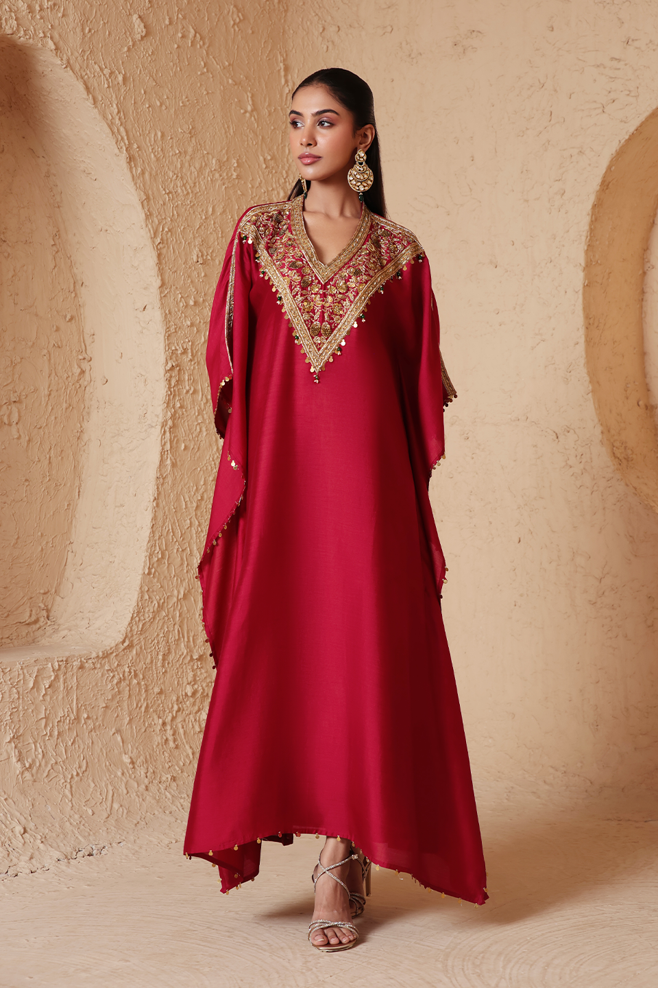 Zar:Rang Maroon V Neck Kaftan Set
