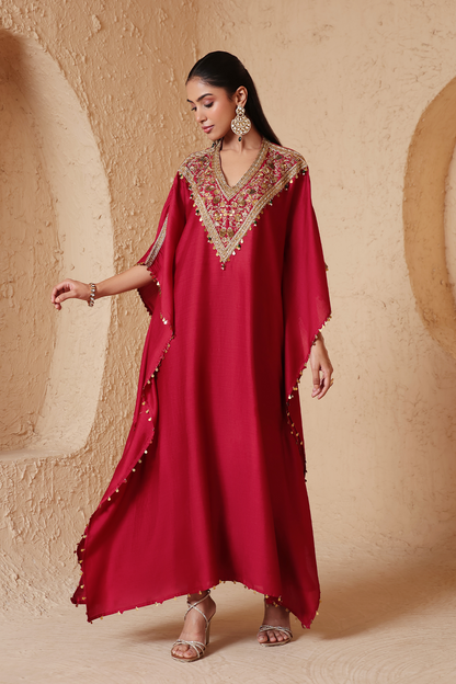 Zar:Rang Maroon V Neck Kaftan Set