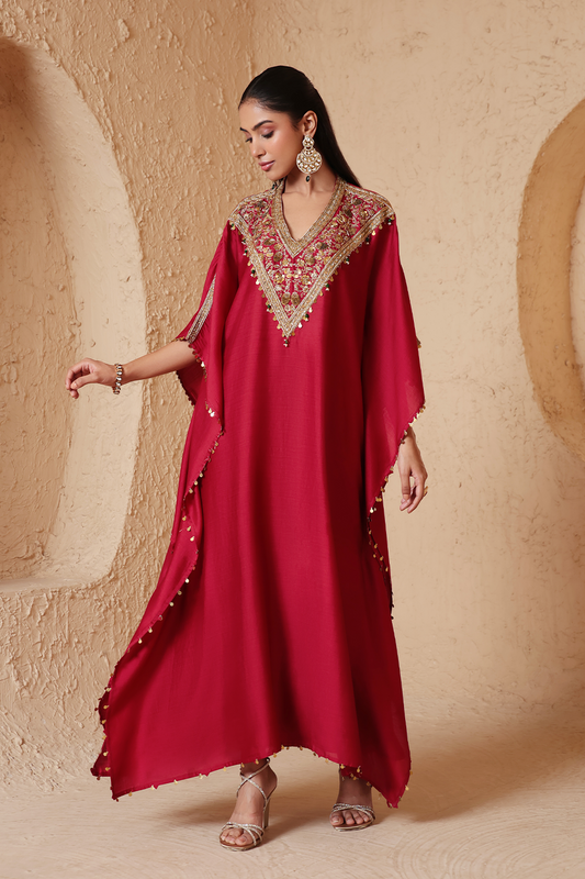Zar:Rang Maroon V Neck Kaftan Set