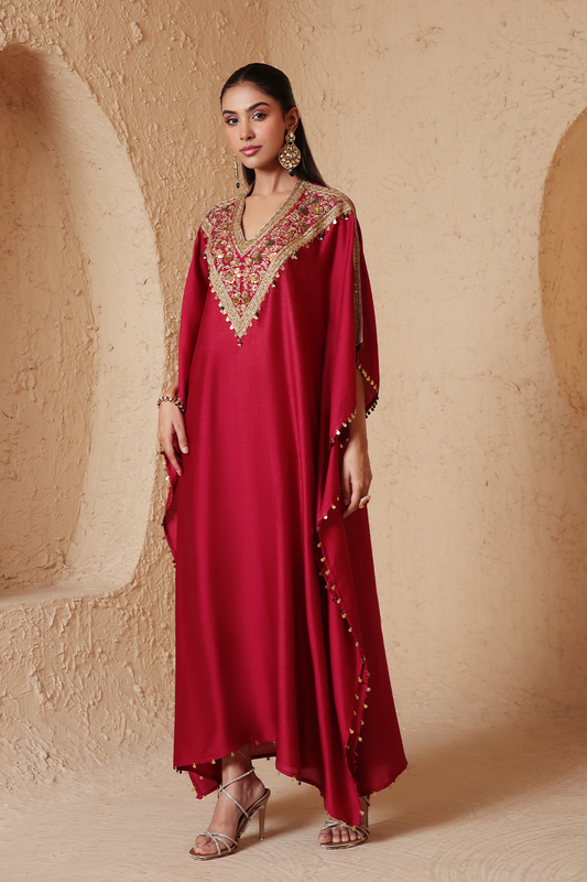 Zar:Rang Maroon V Neck Kaftan Set