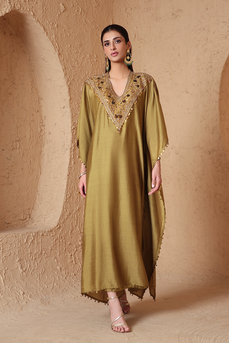 Zar:Rang Olive Green V Neck Kaftan Set